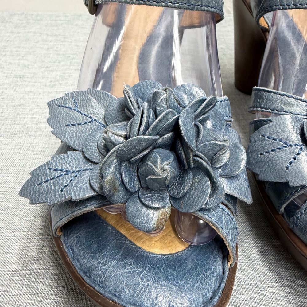 Born Sandals Women 8 Blue W42172 Leather Floral Applique Platform Block Heel - Picture 4 of 14
